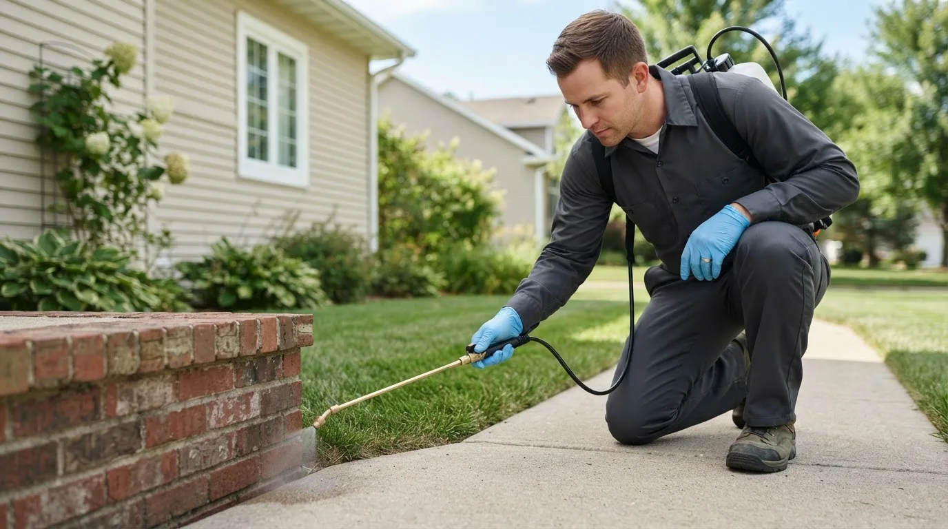 Pest control technician treating a home near East Ryegate, VT