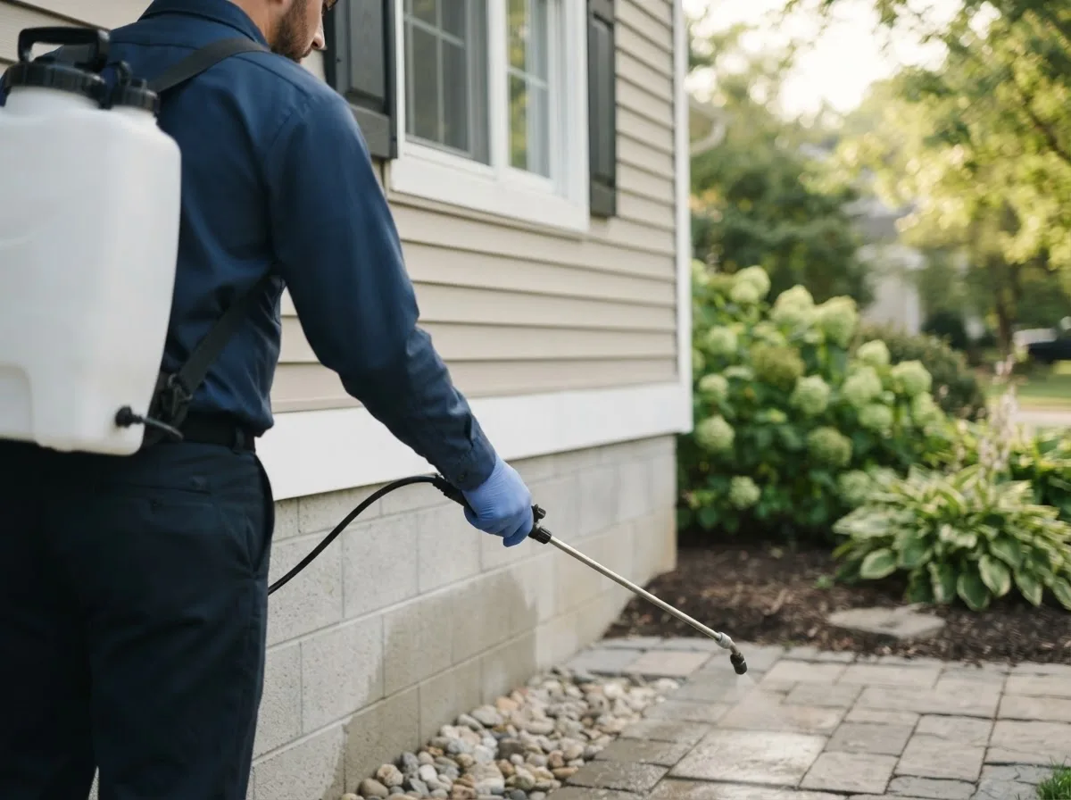 Pest control technician inspecting a home in East Ryegate, VT